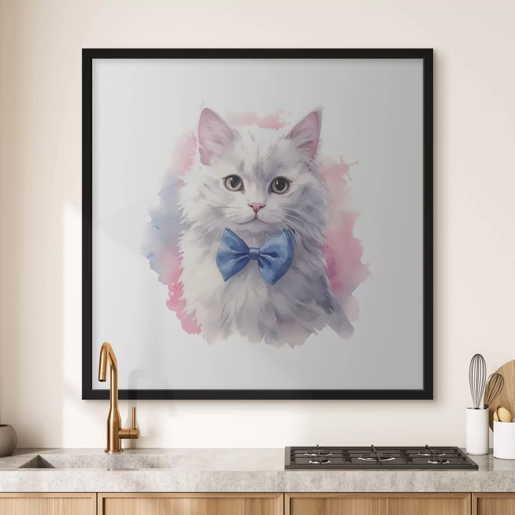 Fototapete Weiße flauschige Katze mit einer blauen Schleife auf dem Hals, Aquarell, Tier, grau, weiß, rosa, blaue Farbe f38479