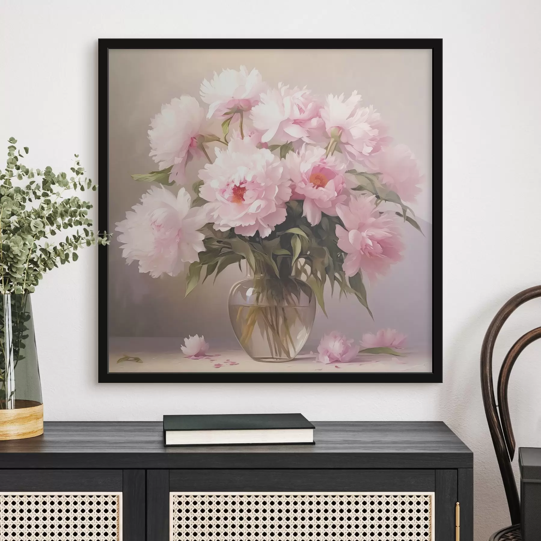 Fototapete Rosa Pfingstrosen in einer Glasvase auf schwarzem Hintergrund, Nachahmung eines Ölgemäldes, Blumen f38482