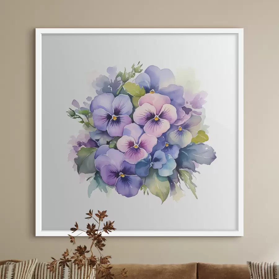Fototapete Veilchen Aquarell Illustration, Blumenstrauß, Blumen, blau, lila, grün f38486