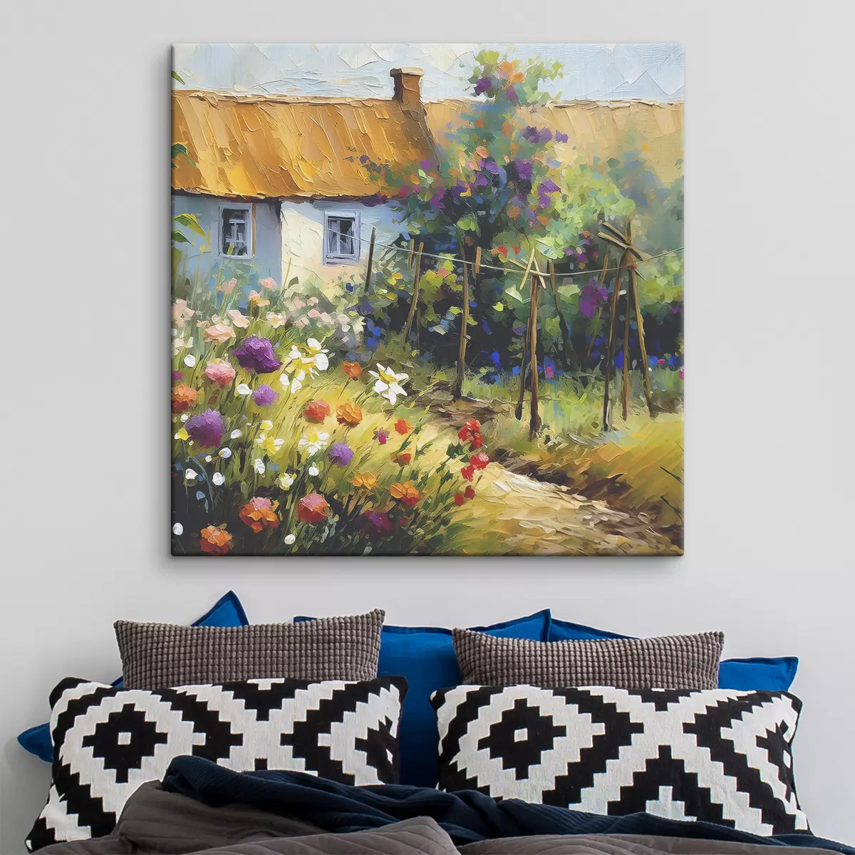 Fototapete Sommer im Dorf, Ölgemälde, Bauernhaus, Bäume und Blumen, Garten, rustikaler Stil s38490