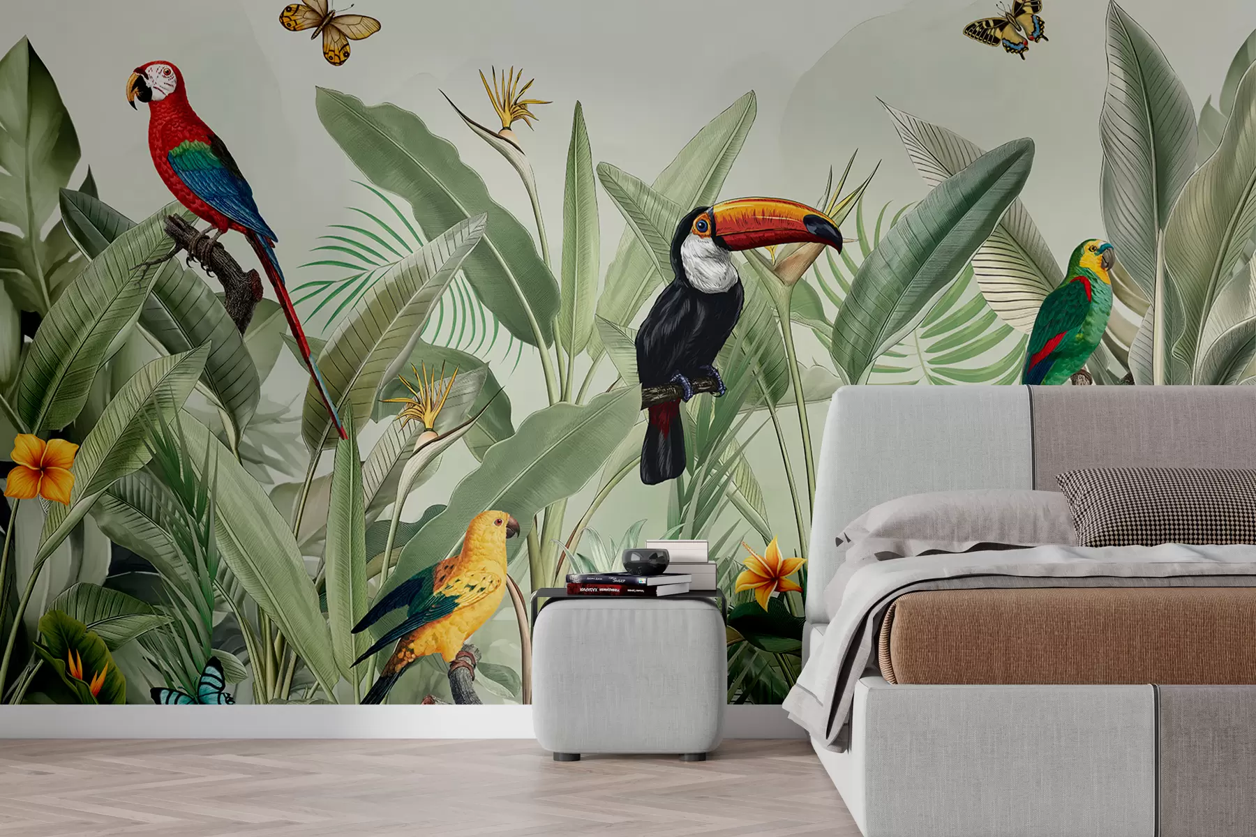 Fototapete Exotische Vögel auf grauen Stropiumblättern w00635