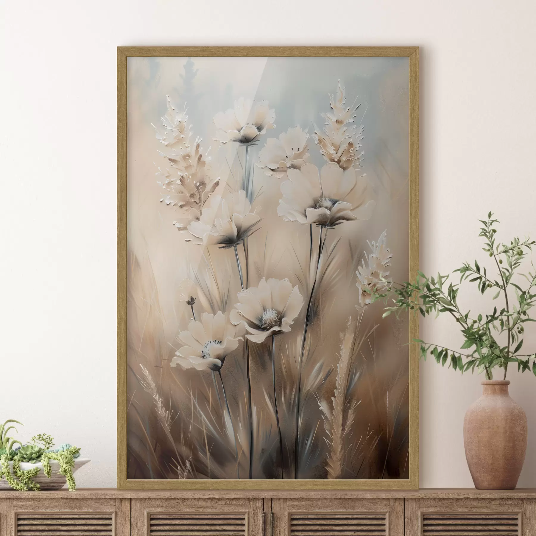 Fototapete Blumen auf dem Feld in Beigetönen f38720