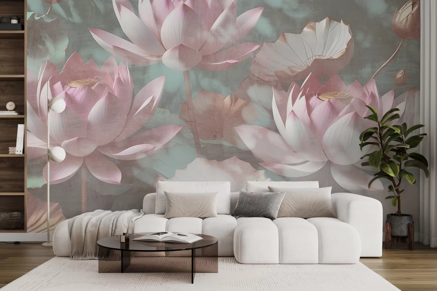 Fototapete Eine Nahaufnahme mehrerer zartrosa Lotusblüten vor einem weichen, unscharfen Hintergrund w00710