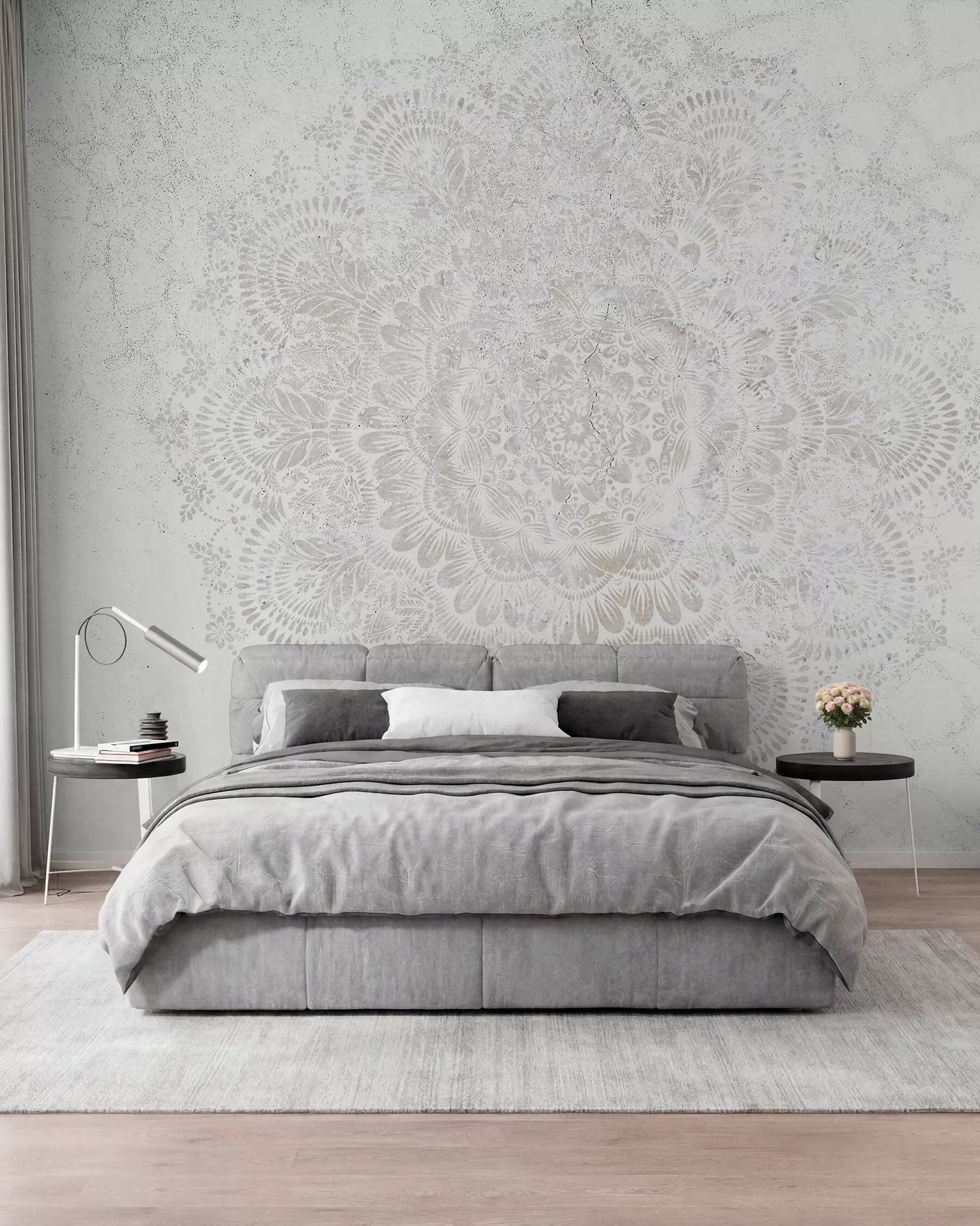 Fototapete Mandala, weißes Spitzenmuster mit floralen und kreisförmigen Motiven, das ein zartes und kompliziertes Design schafft w00737