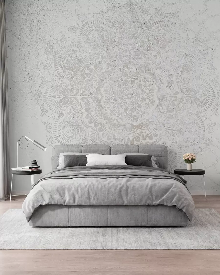 Fototapete Mandala, weißes Spitzenmuster mit floralen und kreisförmigen Motiven, das ein zartes und kompliziertes Design schafft w00737