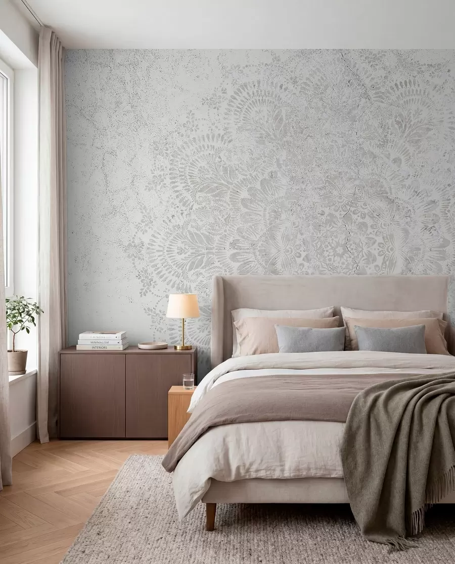 Fototapete Mandala, weißes Spitzenmuster mit floralen und kreisförmigen Motiven, das ein zartes und kompliziertes Design schafft w00737