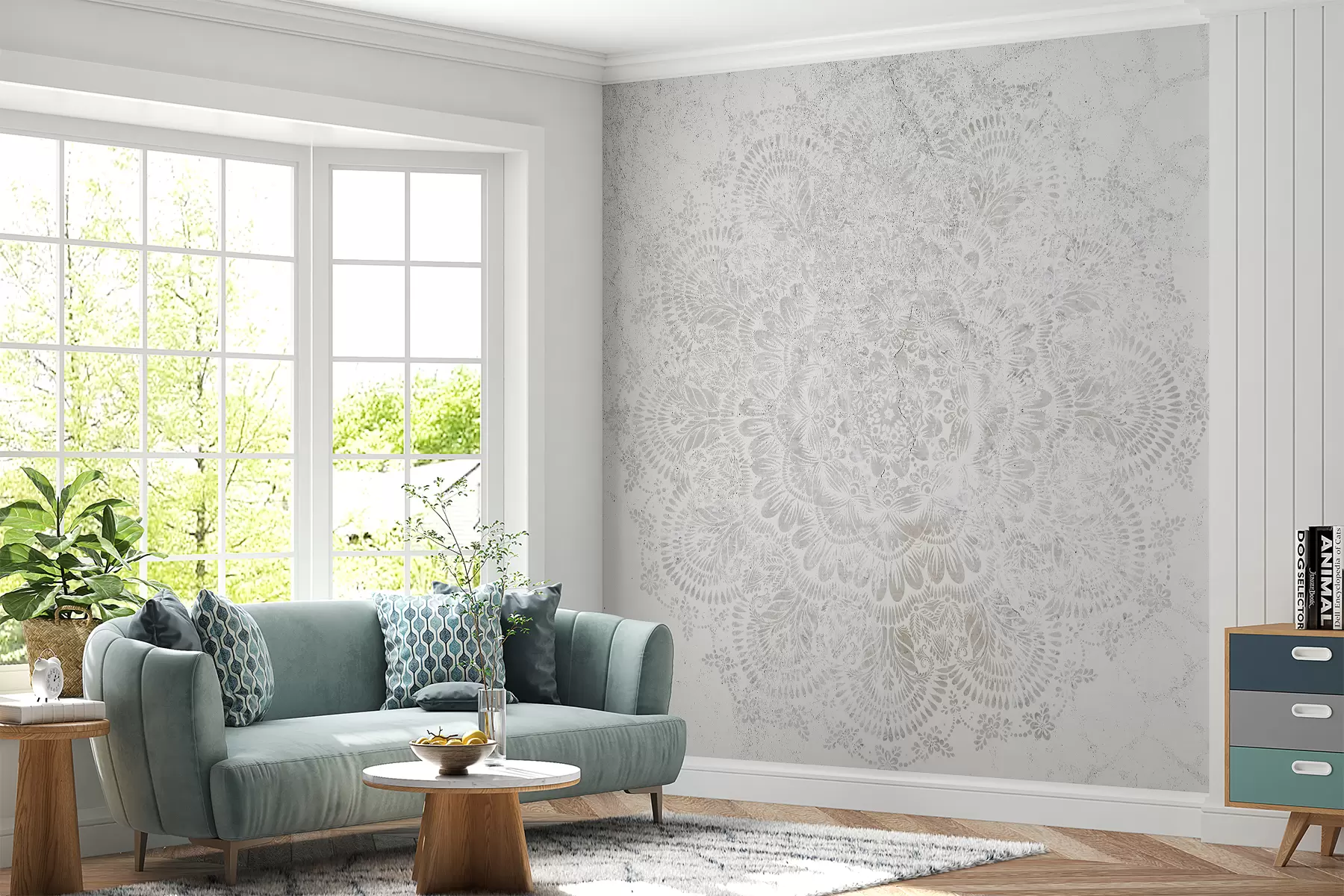 Fototapete Mandala, weißes Spitzenmuster mit floralen und kreisförmigen Motiven, das ein zartes und kompliziertes Design schafft w00737