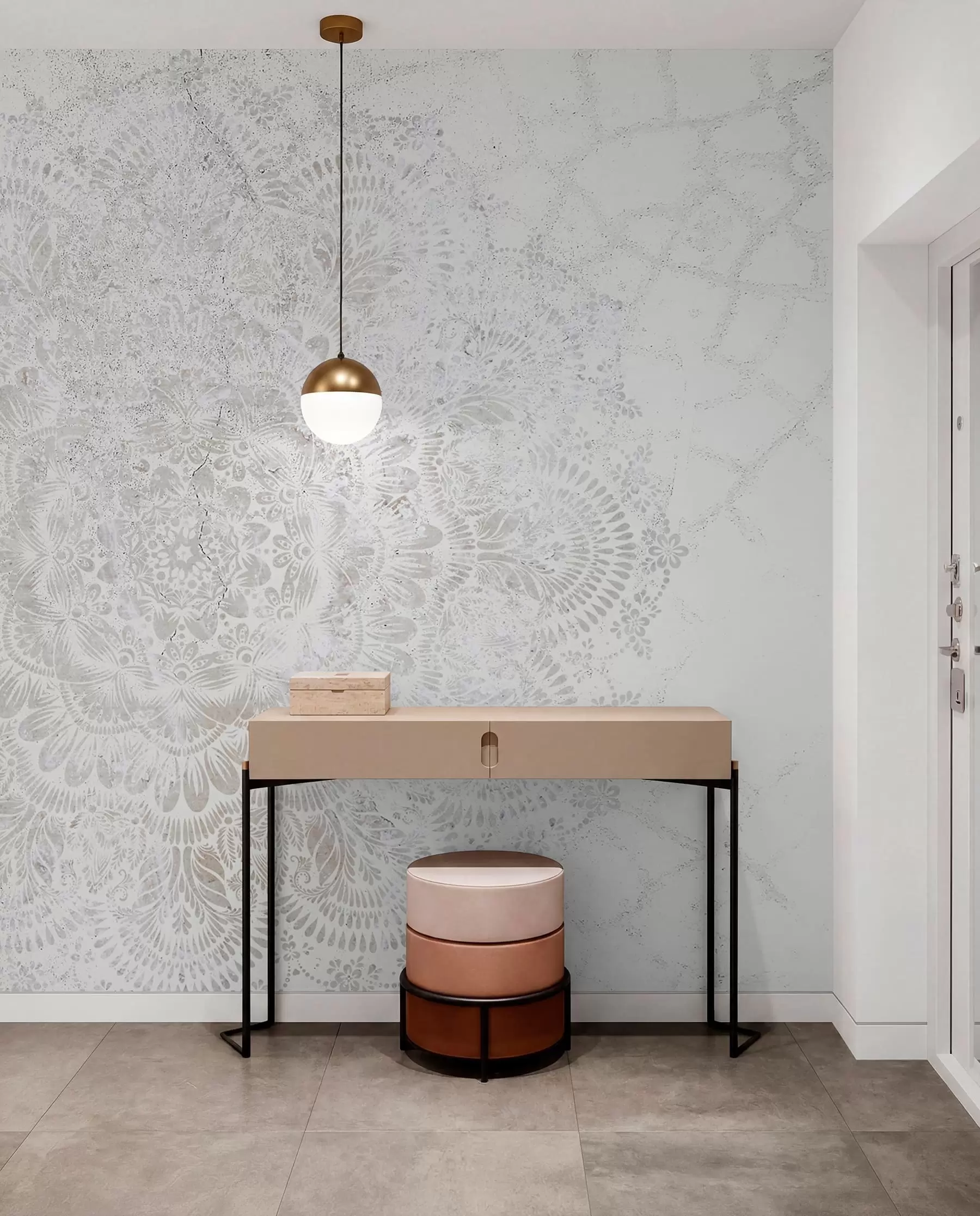 Fototapete Mandala, weißes Spitzenmuster mit floralen und kreisförmigen Motiven, das ein zartes und kompliziertes Design schafft w00737