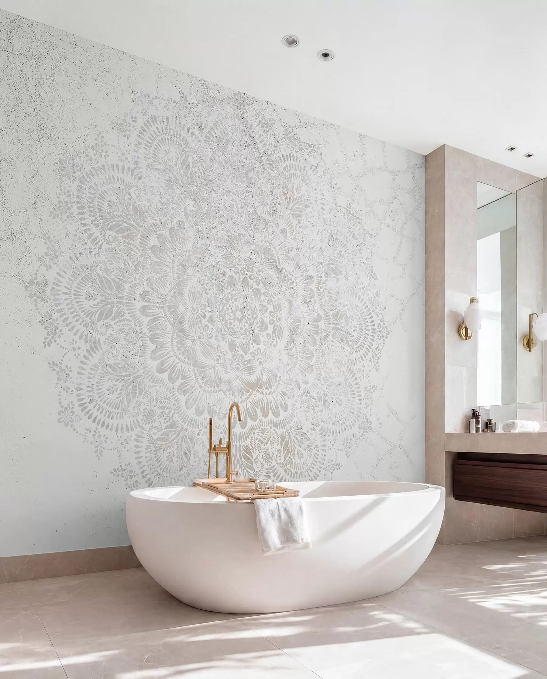 Fototapete Mandala, weißes Spitzenmuster mit floralen und kreisförmigen Motiven, das ein zartes und kompliziertes Design schafft w00737