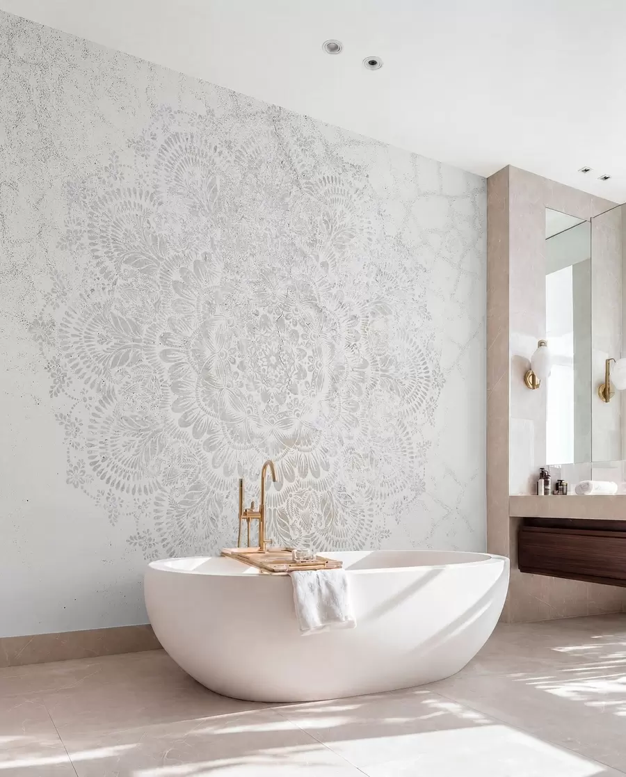 Fototapete Mandala, weißes Spitzenmuster mit floralen und kreisförmigen Motiven, das ein zartes und kompliziertes Design schafft w00737