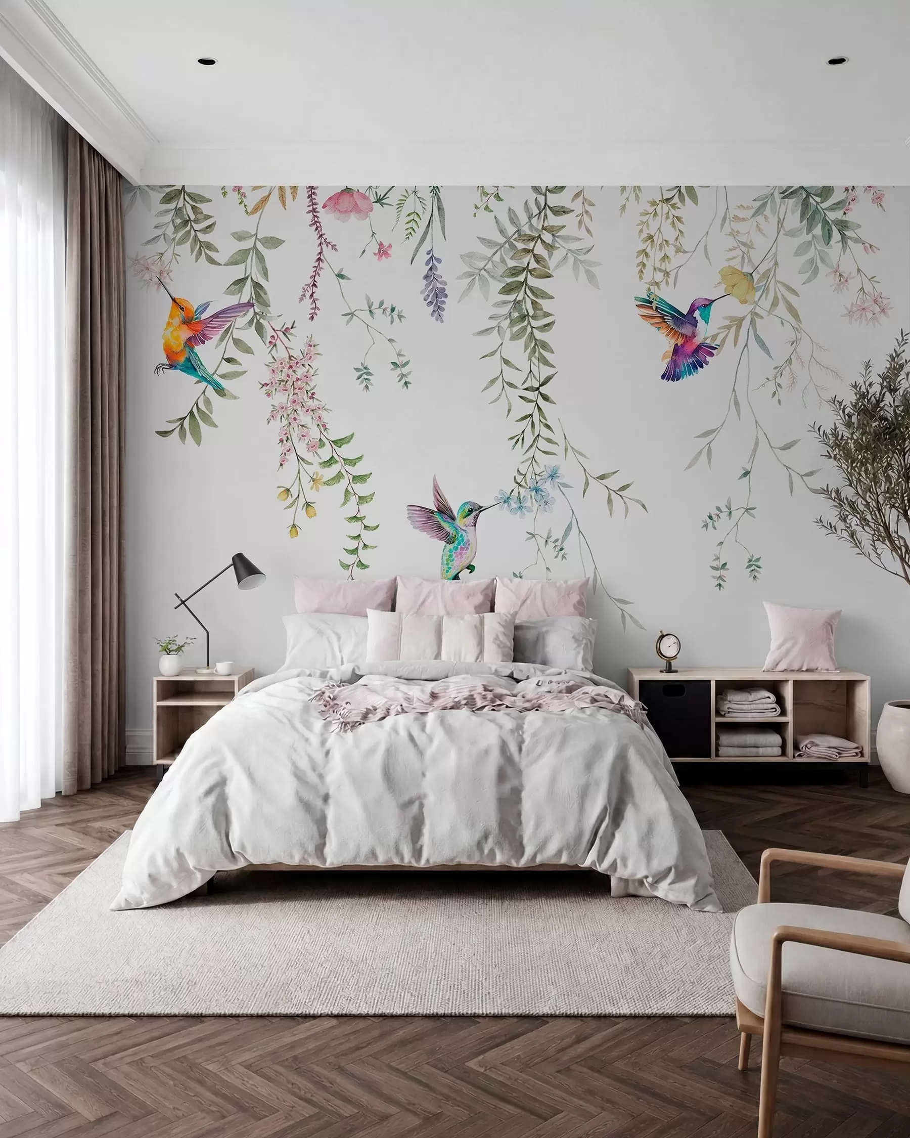 Fototapete Hängende Blumen und Blätter und wunderschöne Kolibris w00660