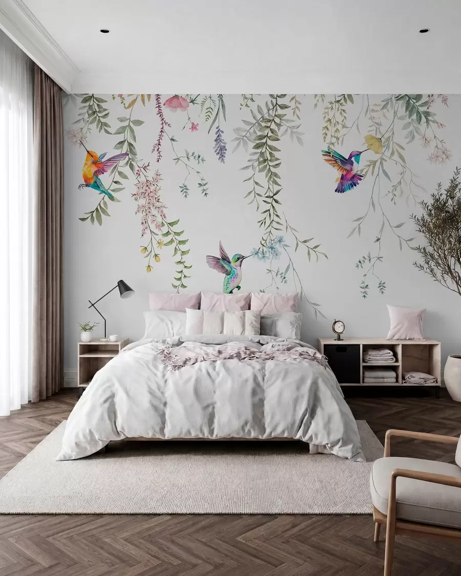 Fototapete Hängende Blumen und Blätter und wunderschöne Kolibris w00660