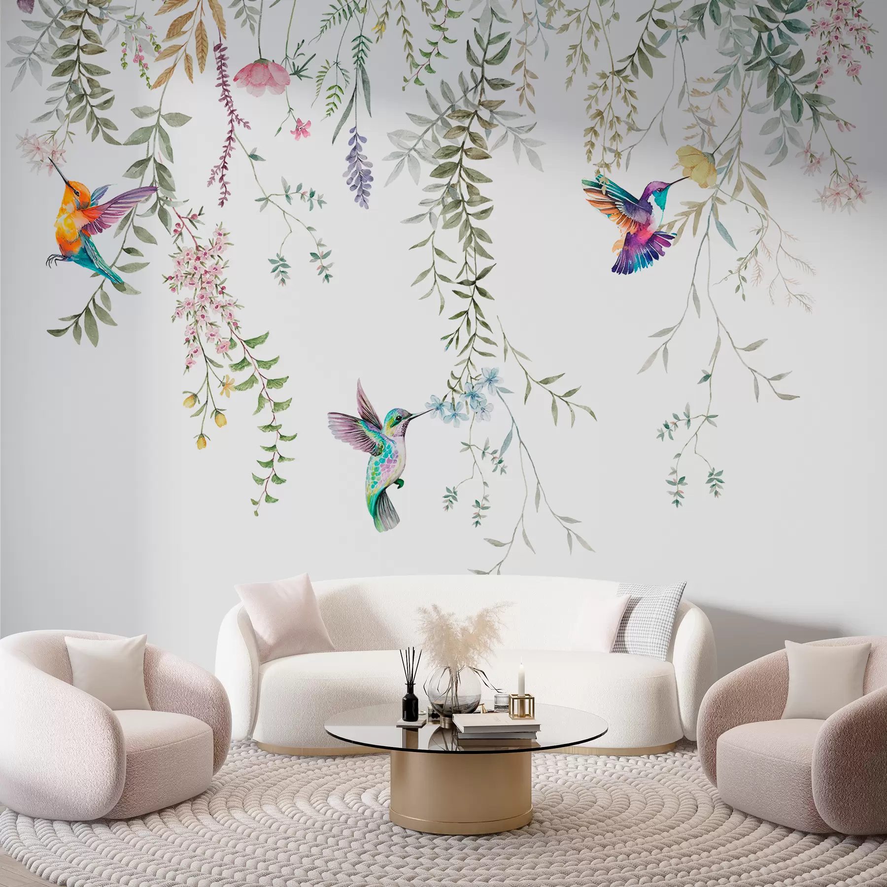 Fototapete Hängende Blumen und Blätter und wunderschöne Kolibris w00660
