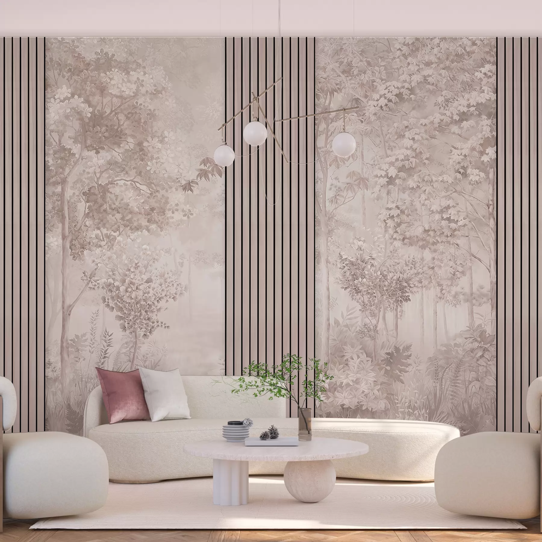 Fototapete Holzpaneele und zarter Wald in Rosatönen w00670v1