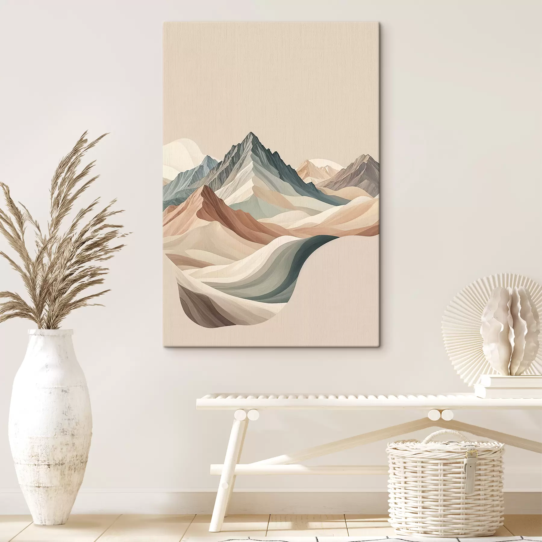 Fototapete Minimalistische Berglandschaft mit felsigen Gipfeln und sanften Hügeln in Beige s38770