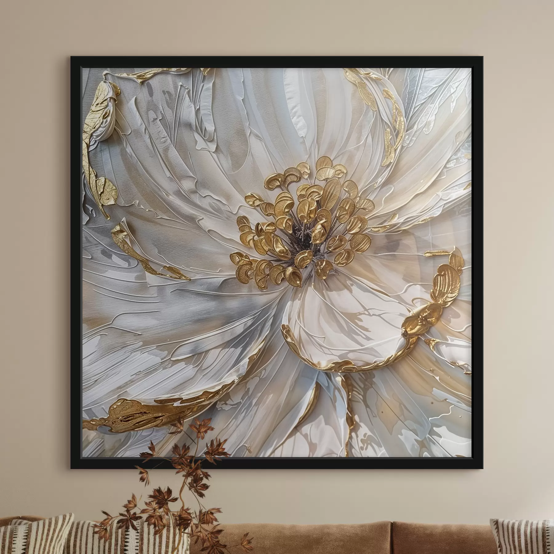 Fototapete Nahaufnahme einer großen weißen Blume mit gelben Staubgefäßen im Inneren, künstlerische Dekoration in Ölfarbe f38755