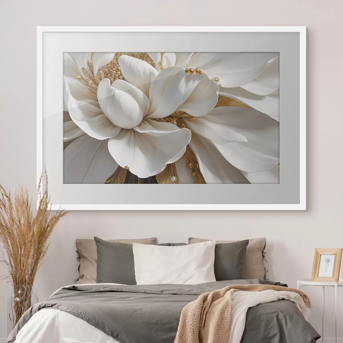Poster Eine Nahaufnahme einer großen weißen Blume mit zarten Blütenblättern und Staubgefäßen in der Mitte Minimalismus f38762