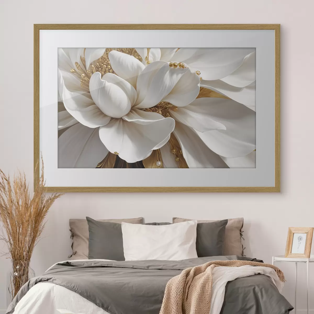 Poster Eine Nahaufnahme einer großen weißen Blume mit zarten Blütenblättern und Staubgefäßen in der Mitte Minimalismus f38762