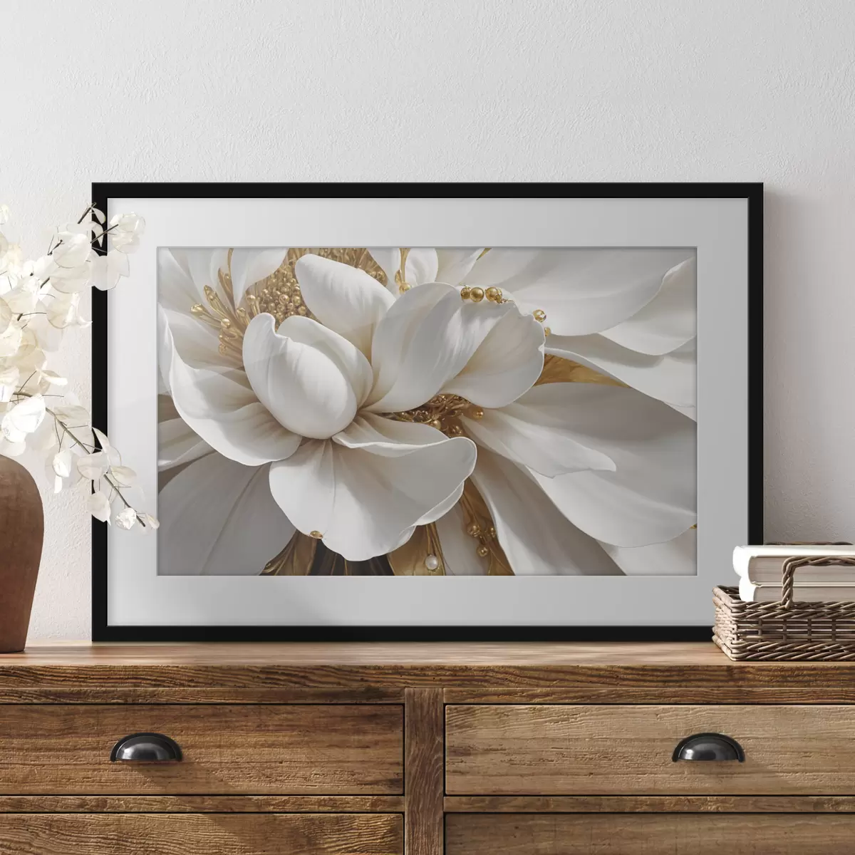 Poster Eine Nahaufnahme einer großen weißen Blume mit zarten Blütenblättern und Staubgefäßen in der Mitte Minimalismus f38762