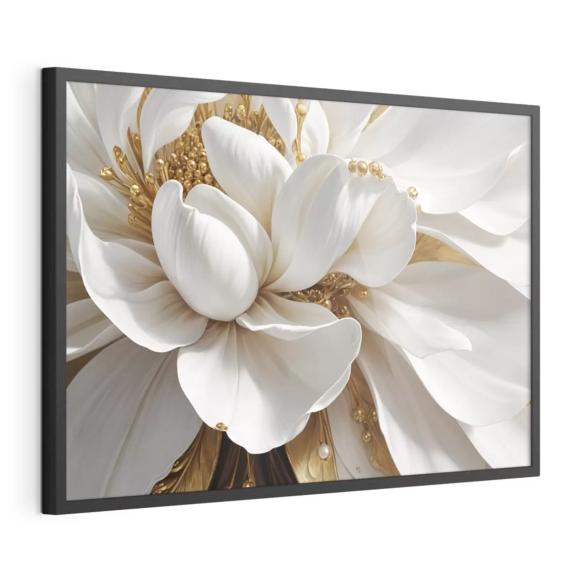 Poster Eine Nahaufnahme einer großen weißen Blume mit zarten Blütenblättern und Staubgefäßen in der Mitte Minimalismus f38762
