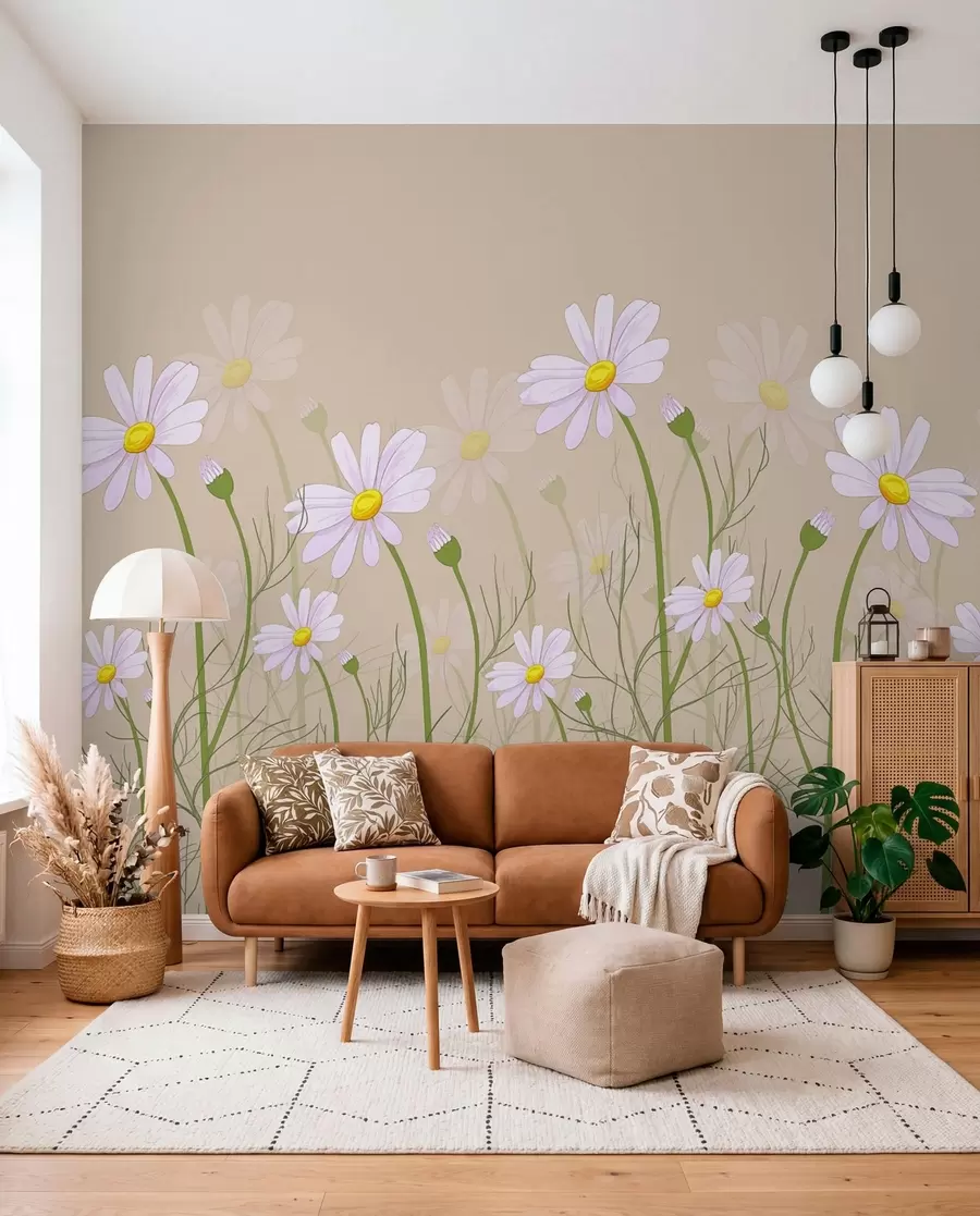 Fototapete große Gänseblümchen auf beigem Hintergrund w00802