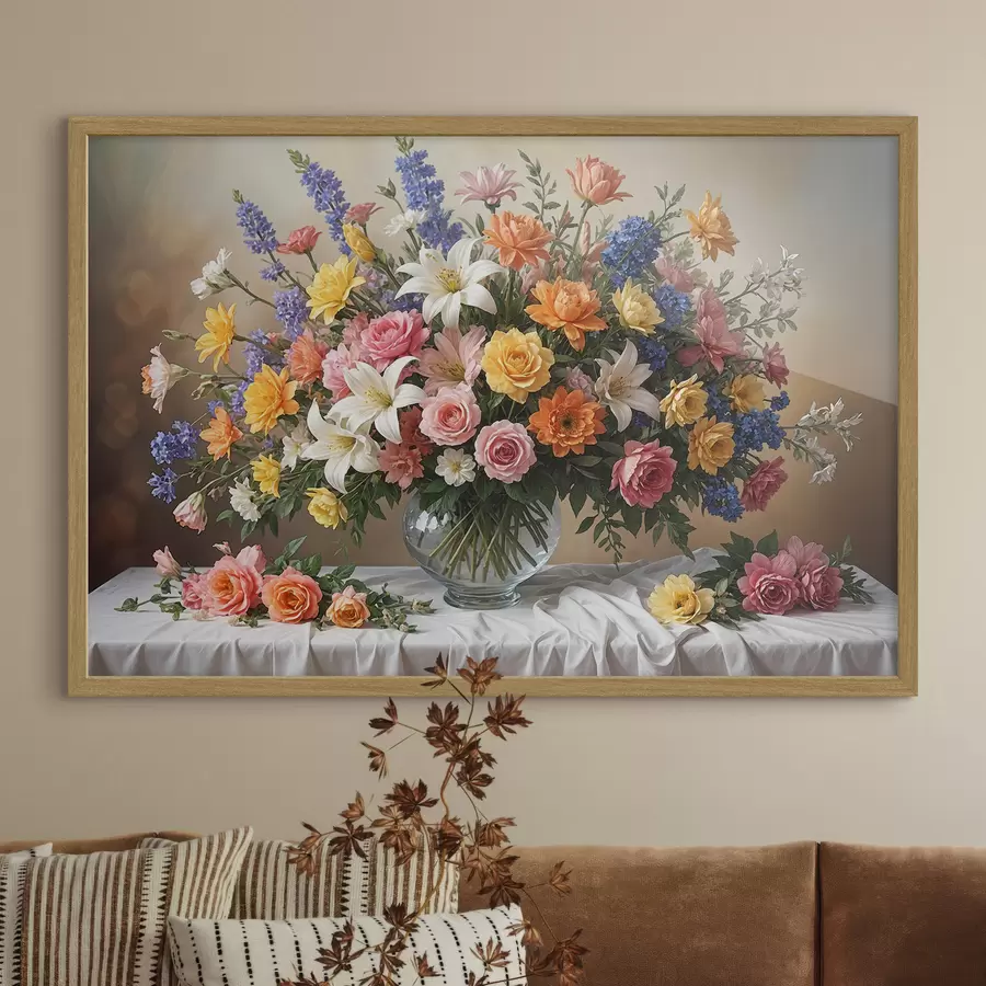 Fototapete Ein lebendiger Strauß verschiedener bunter Blumen in einer Glasvase auf einer weißen Tischdecke, Kunst, Malerei, Vintage f38825
