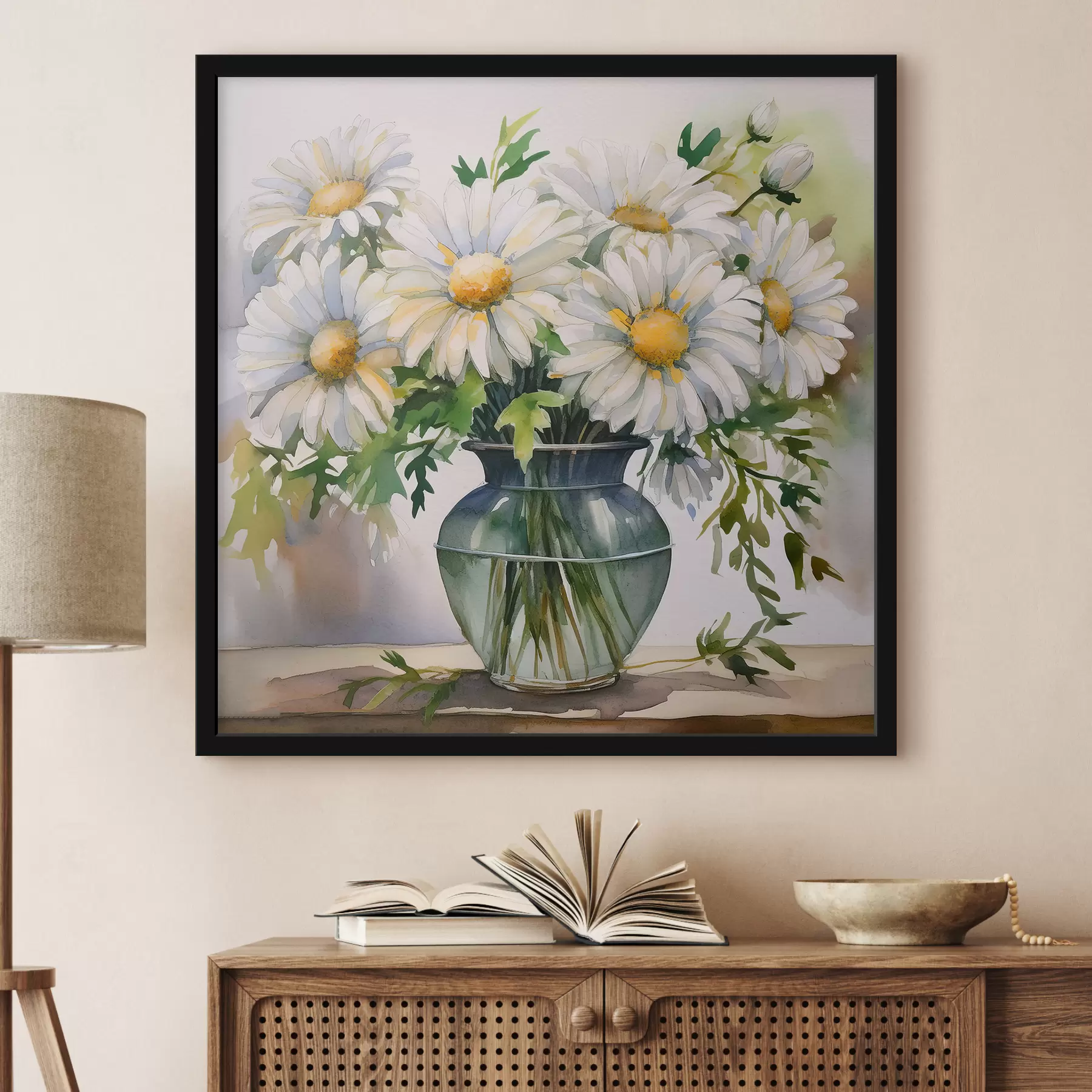 Fototapete Ein Strauß großer Gänseblümchen in einer Vase, gemalt mit Aquarellfarben f38805