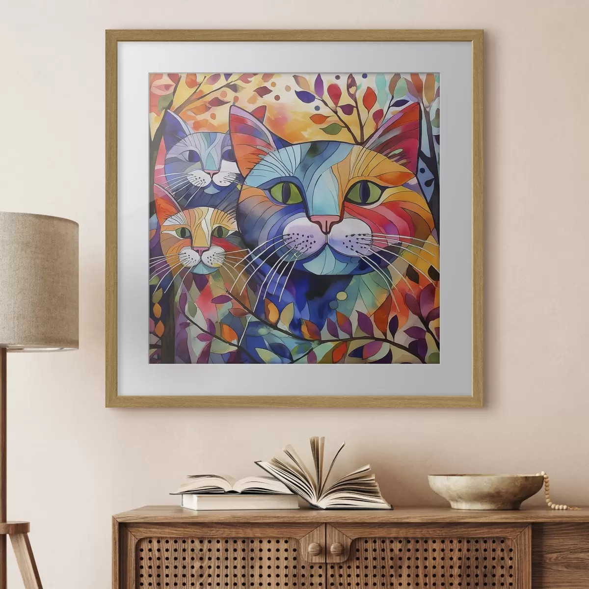 Poster Mehrfarbige Abstraktion mit Katzen f38814