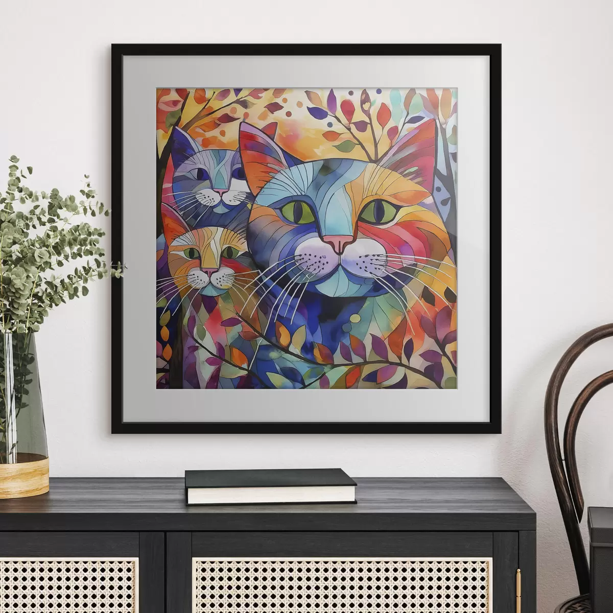 Poster Mehrfarbige Abstraktion mit Katzen f38814