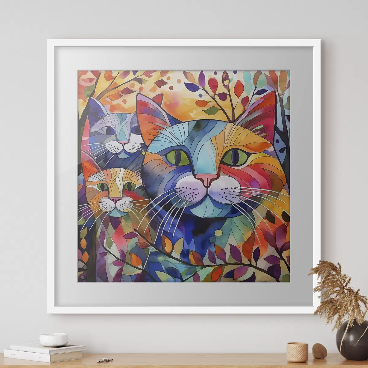 Poster Mehrfarbige Abstraktion mit Katzen f38814