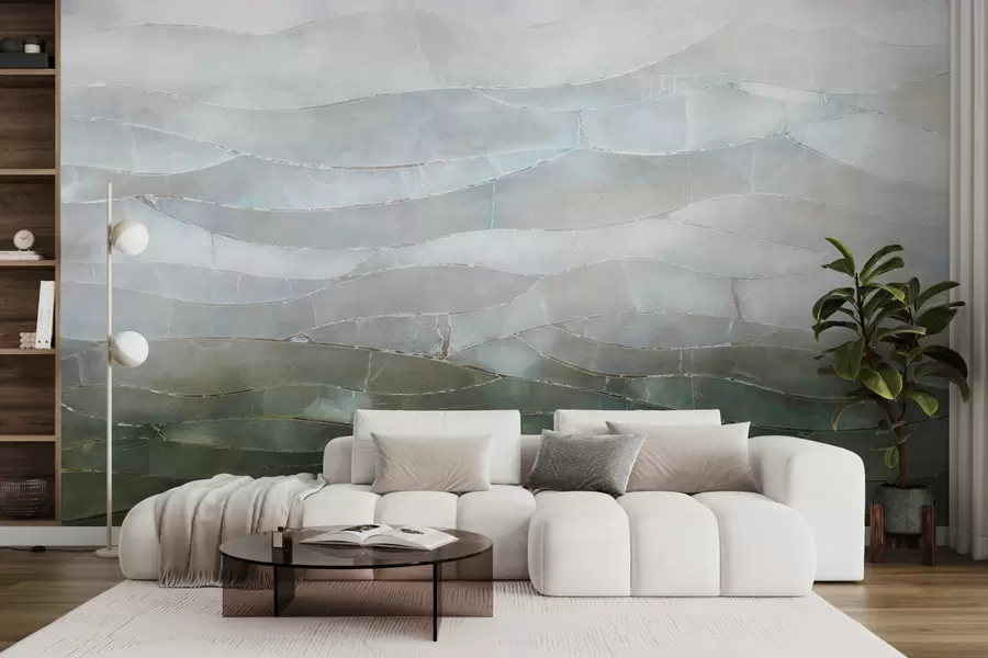 Fototapete Strukturierte neblige, hügelige abstrakte Farbverlaufslandschaft mit sanften grünen Feldern durch den Nebel w00795