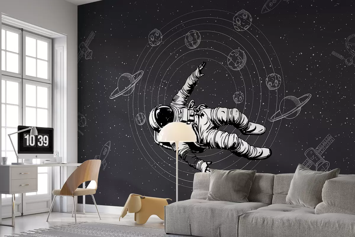 Fototapete Astronauten und Planeten auf dunkelgrauem Hintergrund w00712v5
