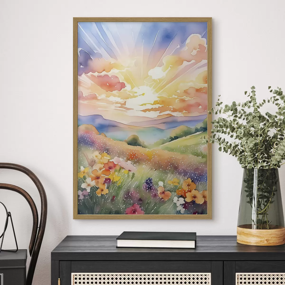 Poster Sonnenuntergang im Sommerfeld, Blumen, Sonne, bunter Himmel, Wolken, Natur f38842