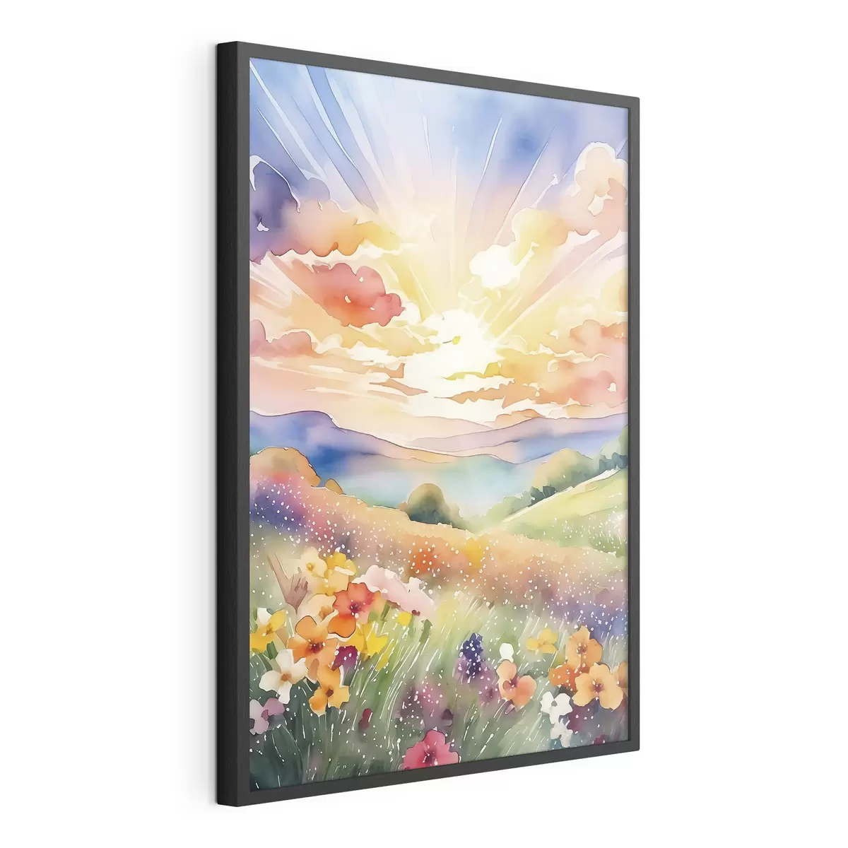Poster Sonnenuntergang im Sommerfeld, Blumen, Sonne, bunter Himmel, Wolken, Natur f38842