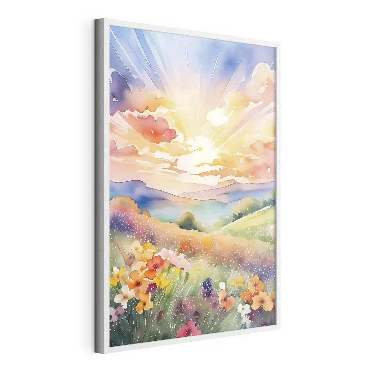 Poster Sonnenuntergang im Sommerfeld, Blumen, Sonne, bunter Himmel, Wolken, Natur f38842