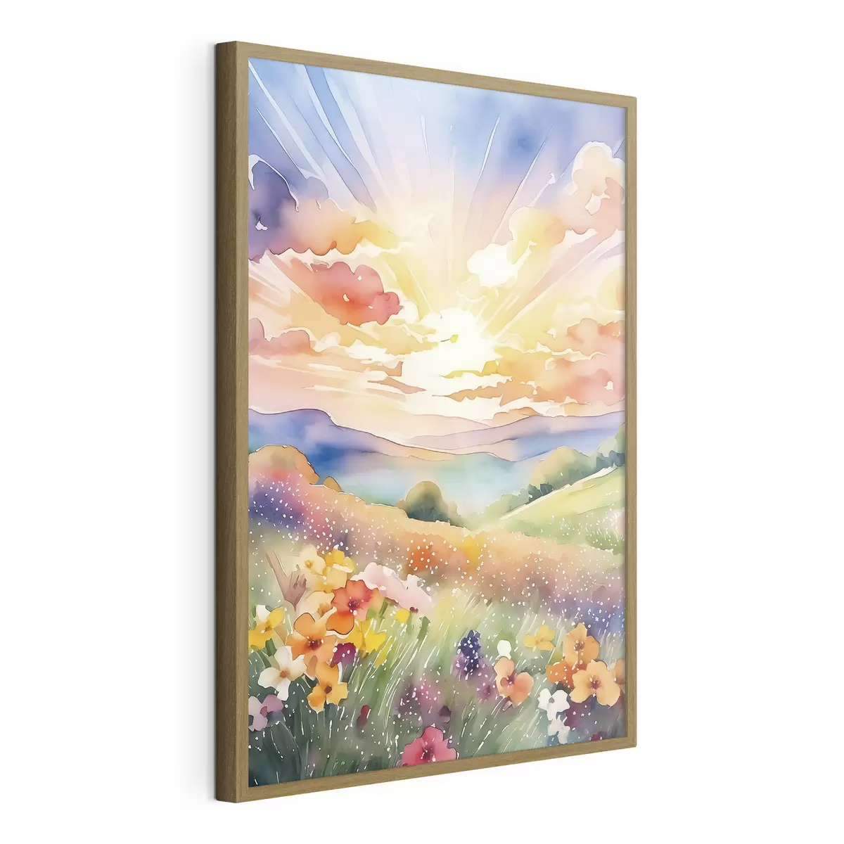 Poster Sonnenuntergang im Sommerfeld, Blumen, Sonne, bunter Himmel, Wolken, Natur f38842