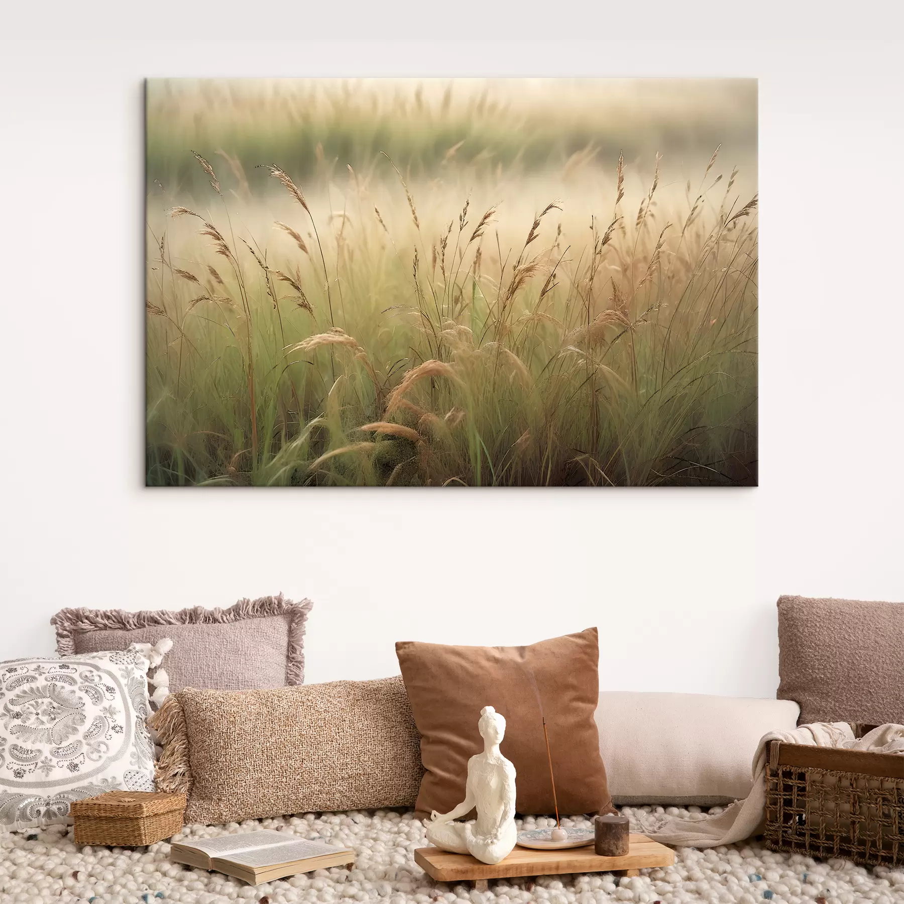 Fototapete Ein Feld mit hohen, Weizenhalmen, die sanft im Wind wiegen, mit einem weichen, dunstigen Hintergrund s38896