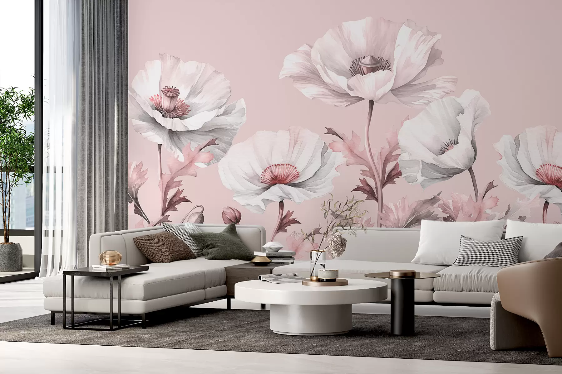 Fototapete Weiße Mohnblumen im Vintage-Stil, Aquarell, rosa Farbe w00839v1