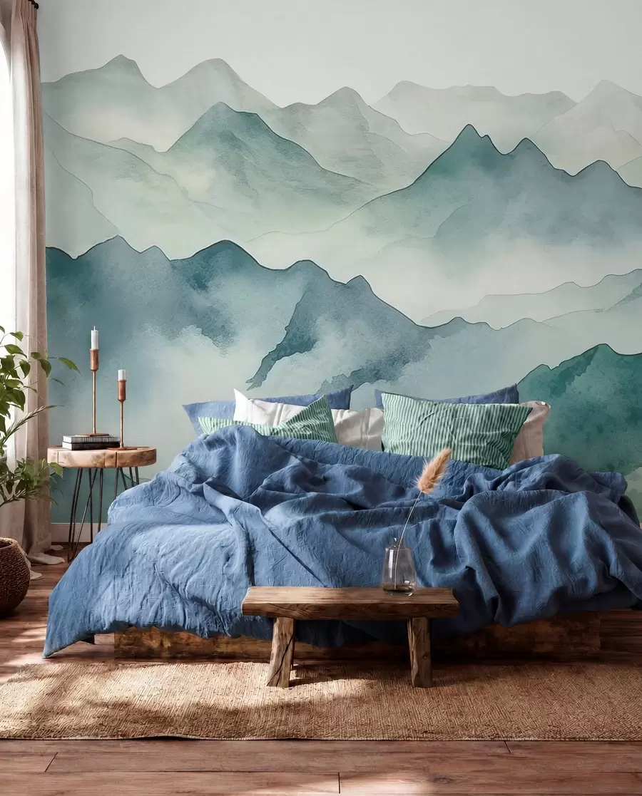 Fototapete Berggipfel und Pässe, Aquarell, Landschaft, Landschaft, blaue, graue Farbe w00841