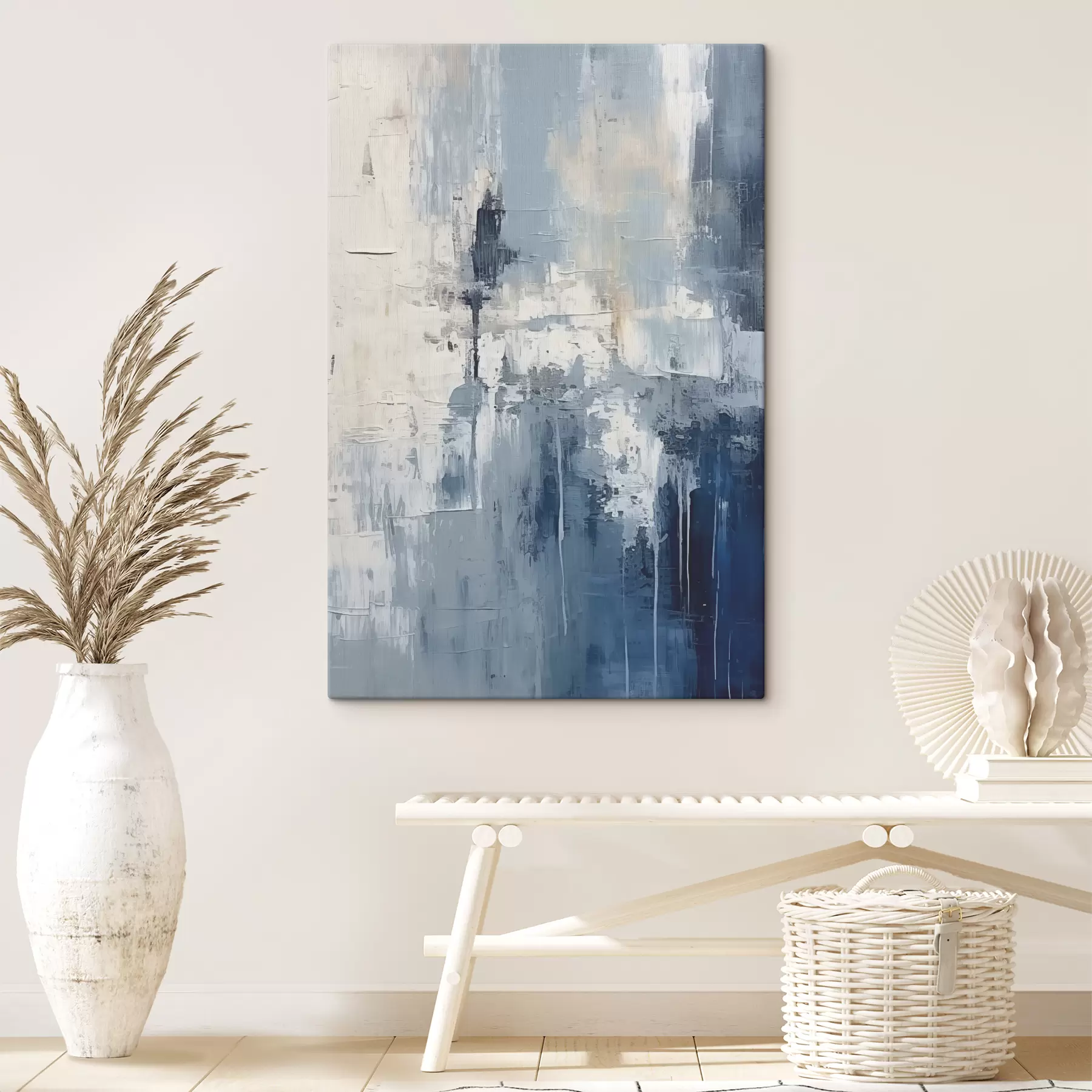 Fototapete Abstraktes minimalistisches Ölgemälde, gerieben, geometrisch, Flecken, blaue und weiße Farbe s38906