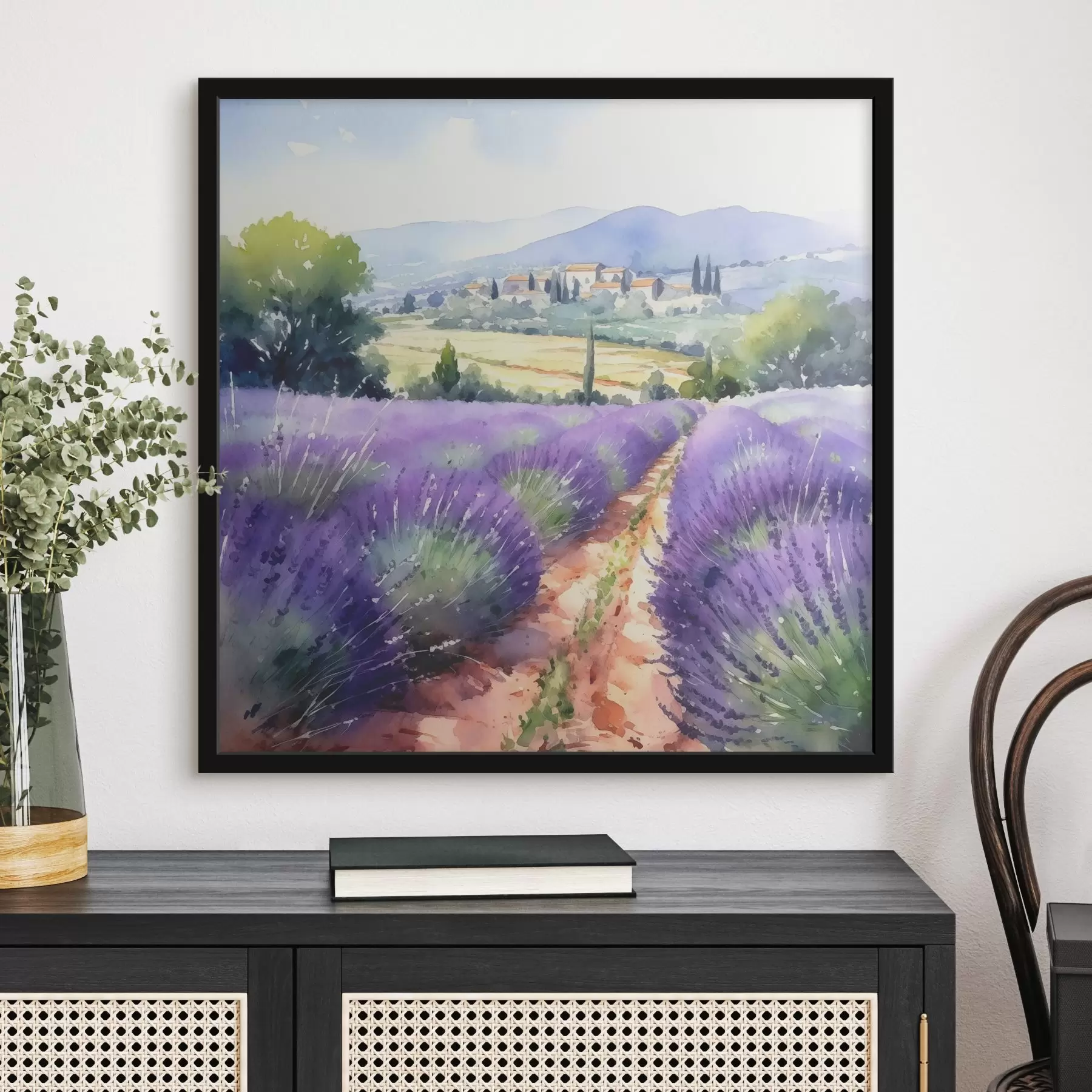 Fototapete Aquarell Lavendelfeld vor dem Hintergrund von Bergen und Landschaften f38913