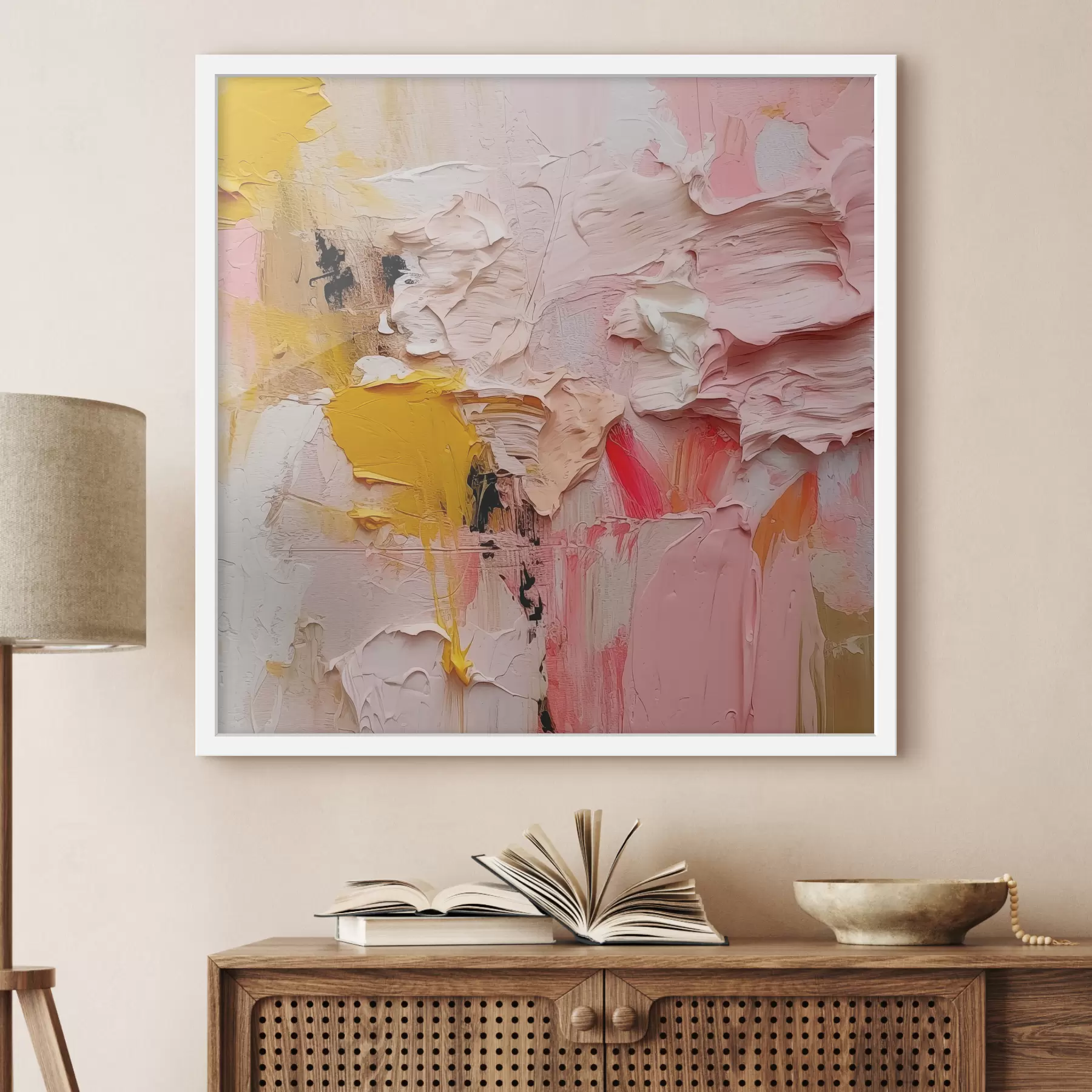 Fototapete Abstrakter Expressionismus mit großen Pinselstrichen in Rosa, Gelb und Weiß f38916