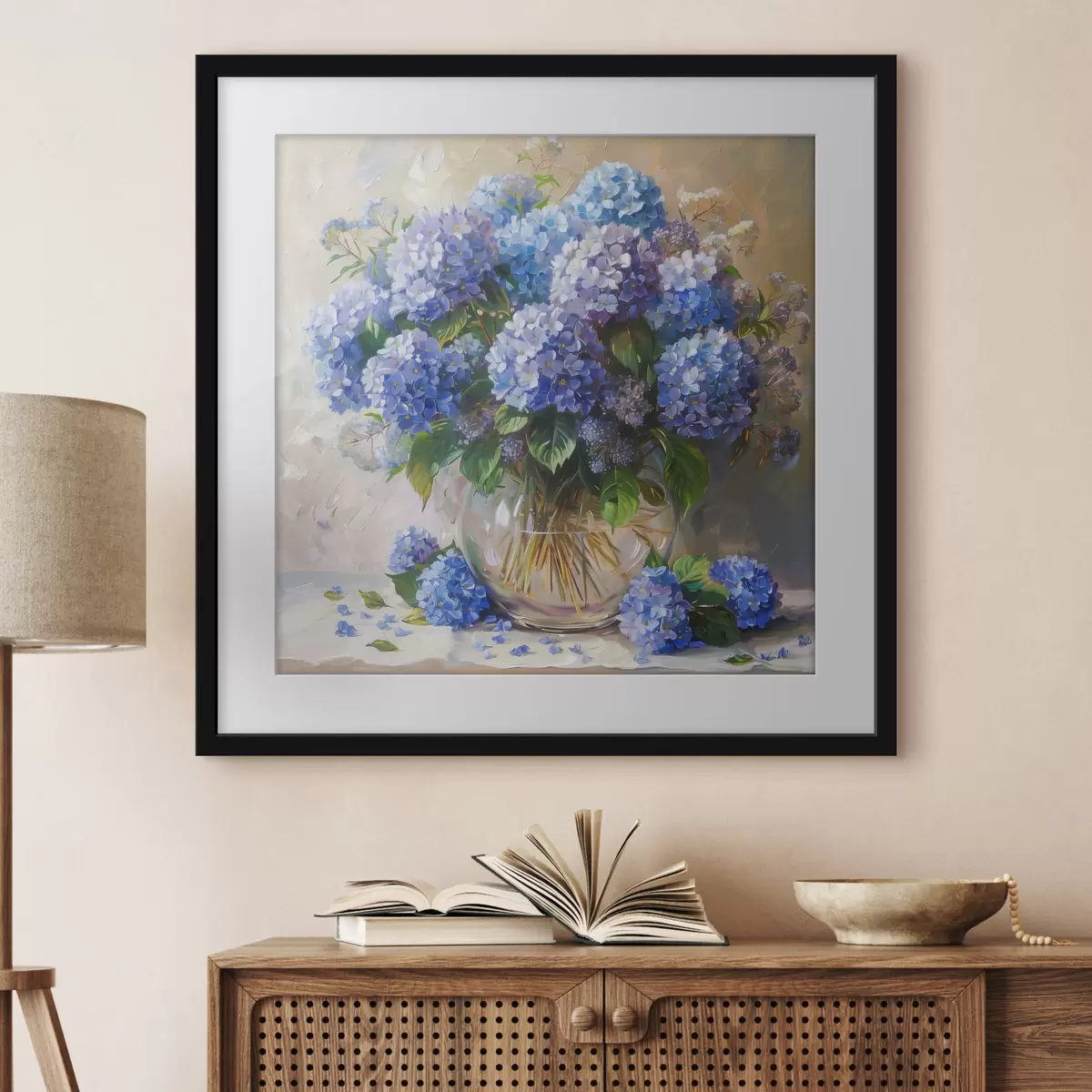Poster Blaue Hortensien auf dem Tisch f38709
