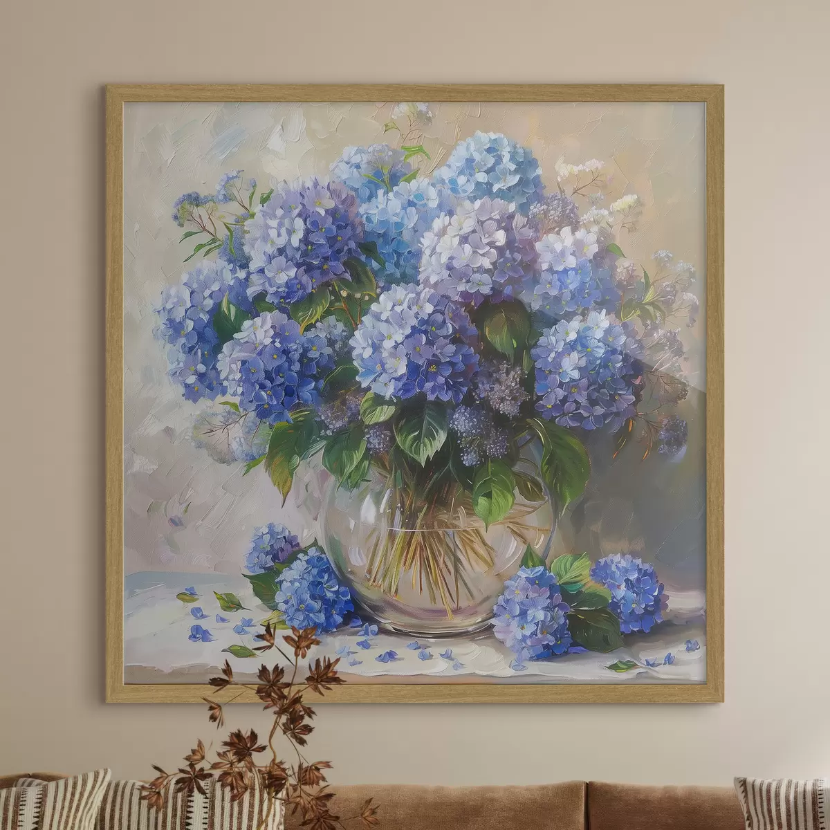 Poster Blaue Hortensien auf dem Tisch f38709