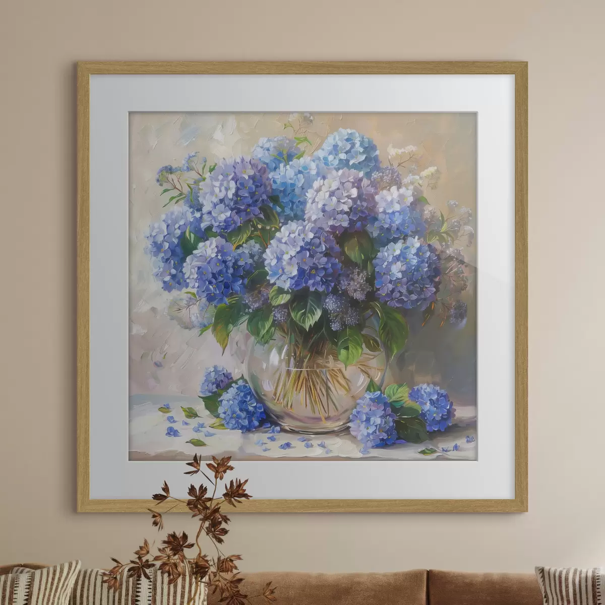 Poster Blaue Hortensien auf dem Tisch f38709