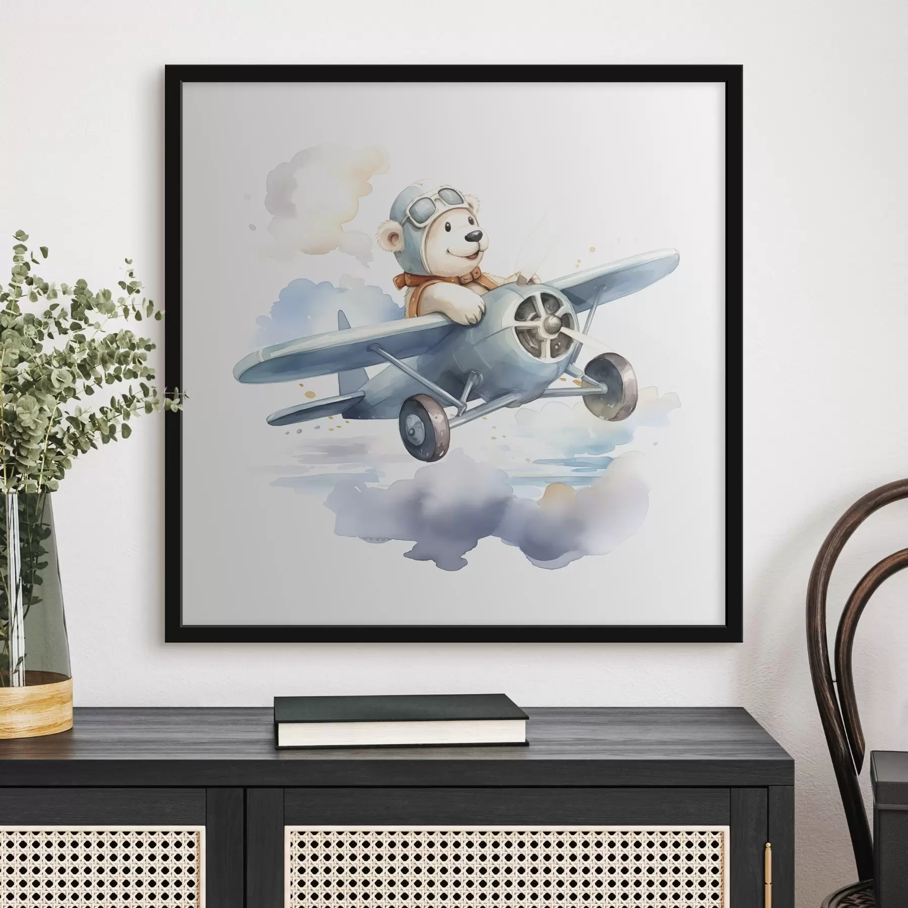 Fototapete Ein weißer Bär Junge mit Brille fliegt auf einem Flugzeug Aquarell Illustration für Kinder f38935