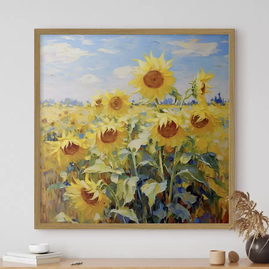 Fototapete Sonnenblumenfeld Ölgemälde, gelb und blau f38953
