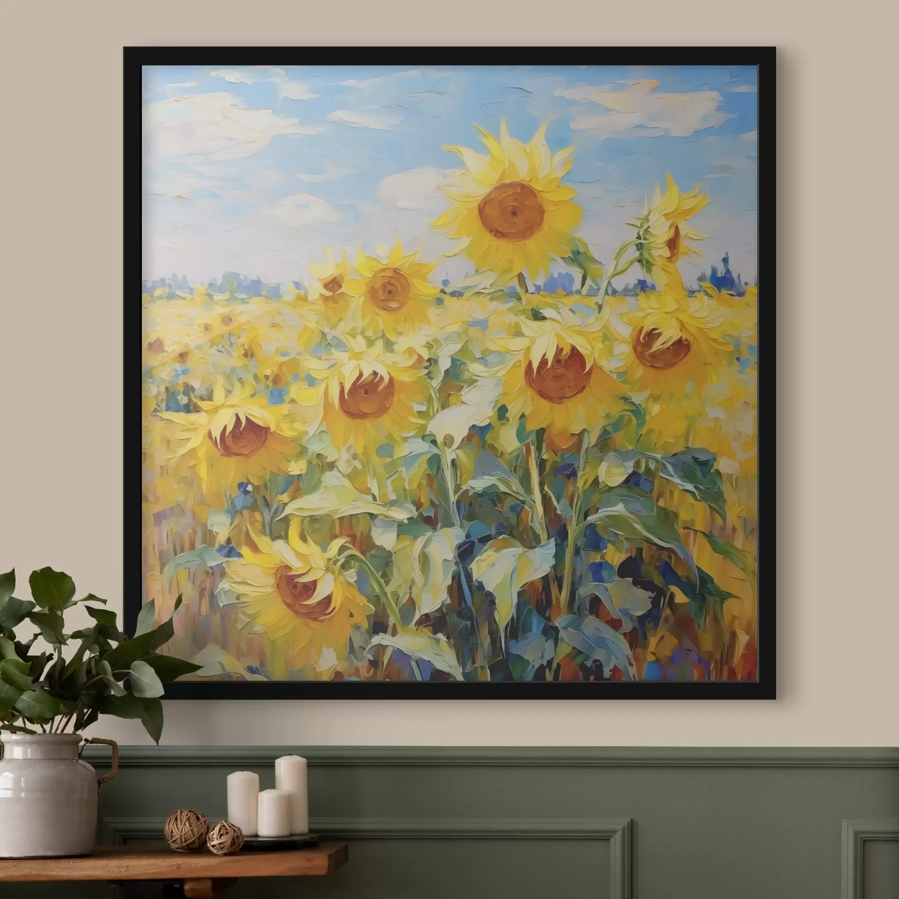 Fototapete Sonnenblumenfeld Ölgemälde, gelb und blau f38953