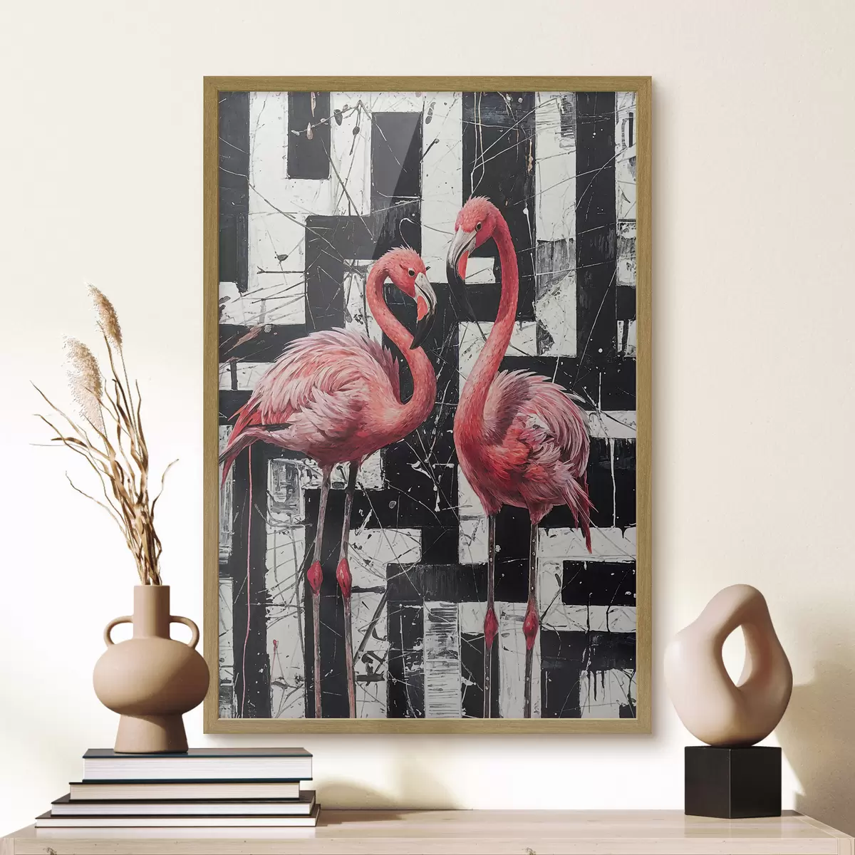 Poster Zwei rosa Flamingos stehen vor einem schwarz-weißen abstrakten Hintergrund Kunstgemälde f38954
