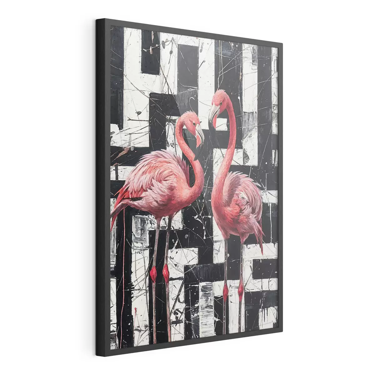 Poster Zwei rosa Flamingos stehen vor einem schwarz-weißen abstrakten Hintergrund Kunstgemälde f38954